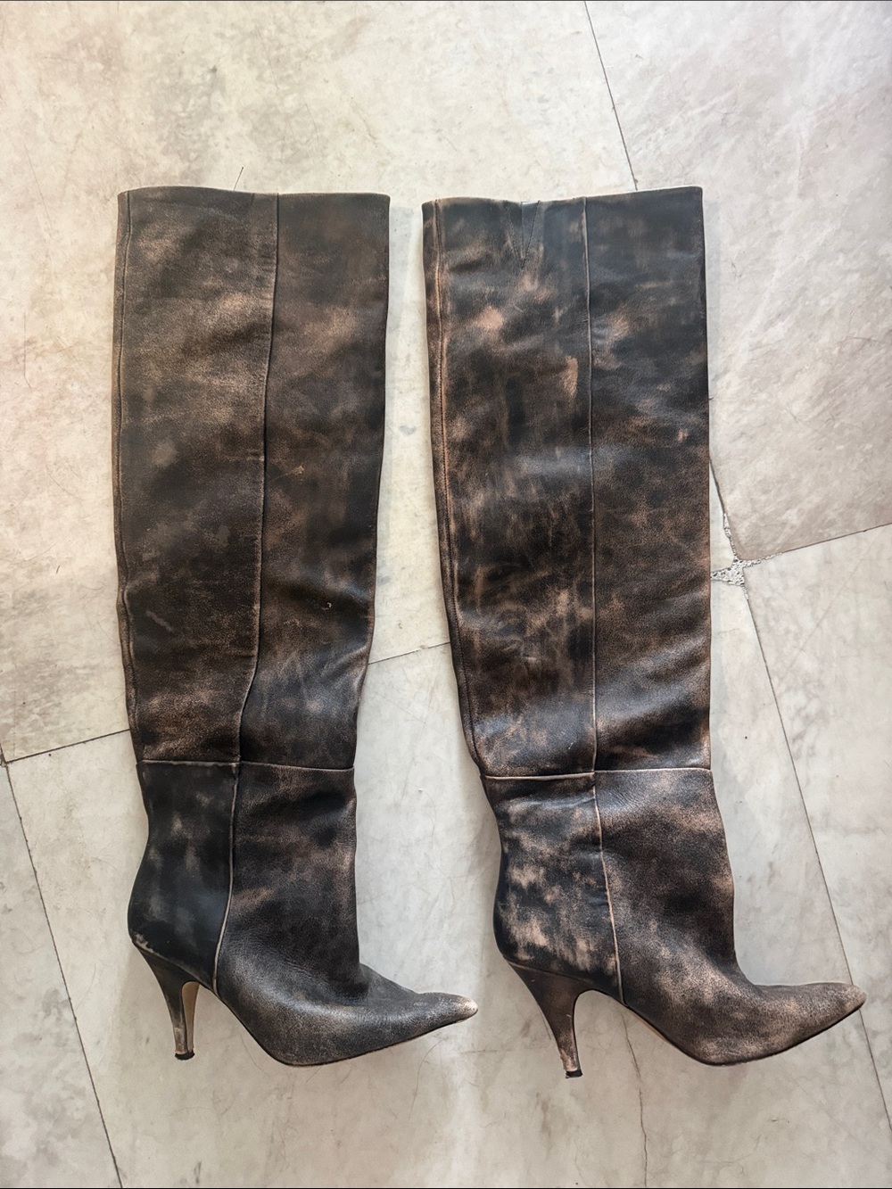 Steve Madden Bellamie Pointed Toe Over the Knee Distressed Brown Boots